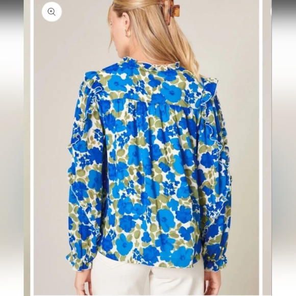 SUGARLIPS ruffle balloon sleeve blouse in blue/green/cream, sz M - Picture 3 of 8